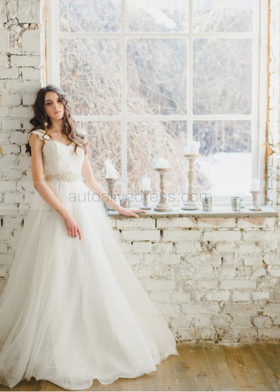Cap Sleeve Ivory Lace Tulle Wedding Dress With Beaded Ribbon
